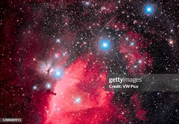 This is the Belt of Orion with its three blue stars across the top of the frame , with the iconic Horsehead Nebula below Alnitak, with the dark...
