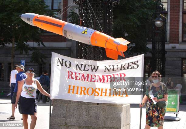 Anti-nuclear bombs activists protest over the during Hiroshima Day Action at the Beusplein amid the Coronavirus pandemic on August 6, 2020 in...