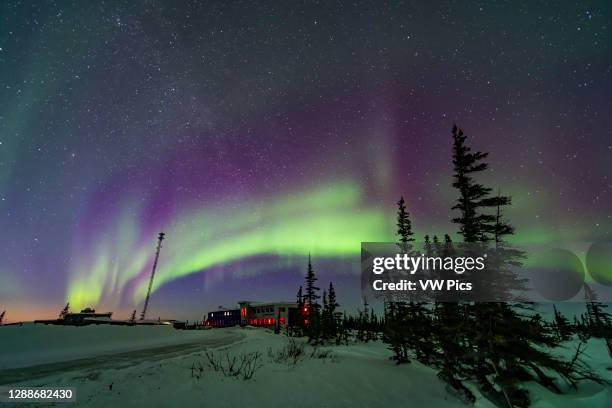 Pastel-coloured aurora over the Rocket Range Road and Northern Studies Centre in Churchill, Manitoba, March 2020. A single shot with the Sony a7III...