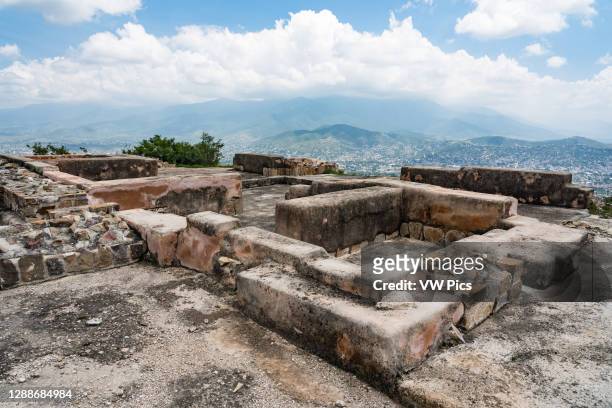 Service housing for the House of the Altars or Casa de los Altares in the ruins of the Zapotec city of Atzompa, near Oaxaca, Mexico. In the...