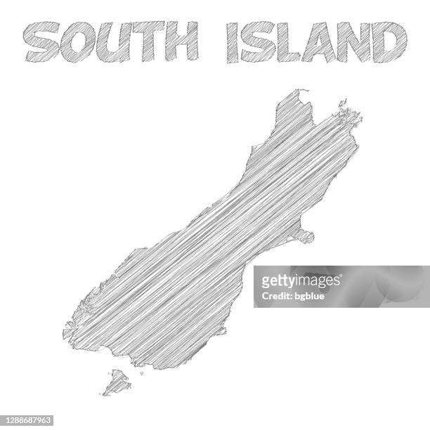 south island map hand drawn on white background - christchurch new zealand stock illustrations
