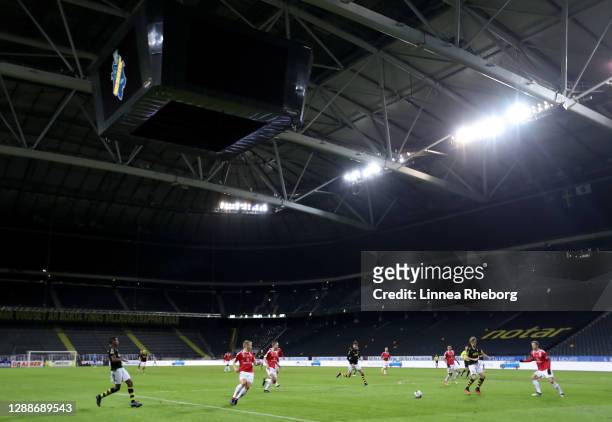 General view inside the stadium of the match in front of the empty spectator stands during the Allsvenskan match between AIK and Kalmar FF at Friends...