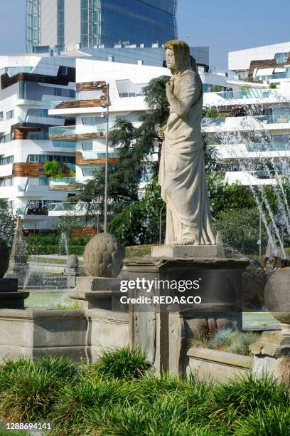 Piazzale Giulio Cesare square with the Quttro Stagioni fountain, Milan, Lombardy, Italy, Europe.