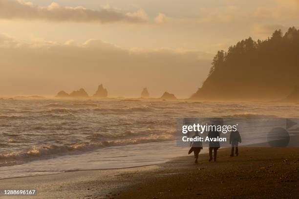 People walking in the evening on Rialto Beach near La Push on the coast of the Olympic Peninsula in the Olympic National Park in Washington State,...