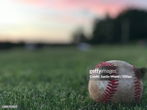 close-up of baseball ball on field,trussville,alabama,united states,usa - baseball grass stock pictures, royalty-free photos & images