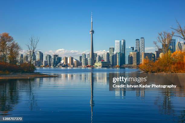 cn tower by lake ontario against clear sky in toronto, canada - toronto stock-fotos und bilder