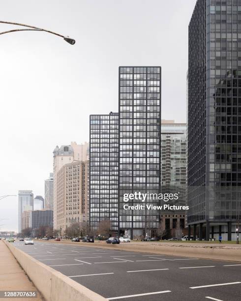 View along Lake Shore Drive. 860–880 Lake Shore Drive Apartments, Chicago, United States. Architect: Ludwig Mies van der Rohe, 1951.