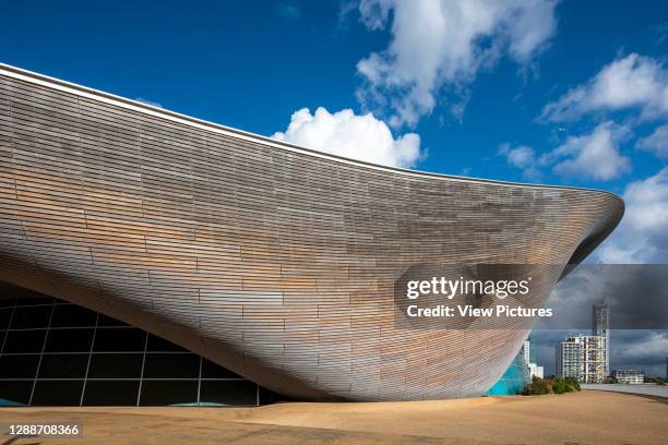 Detail view of timber cladding. London Aquatics Centre, London, United Kingdom. Architect: Zaha Hadid Architects, 2013.