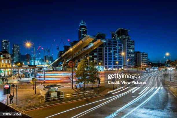 Elevated view of Vauxhall Interchange from south east looking towards Vauxhall Bridge with St. George's Wharf and development of Nine Elms in...