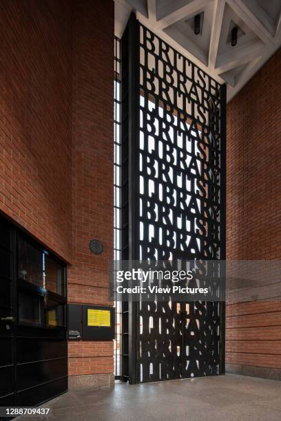 Oblique view of metal gates. The British Library, London, United Kingdom. Architect: Colin St John Wilson, 1998.