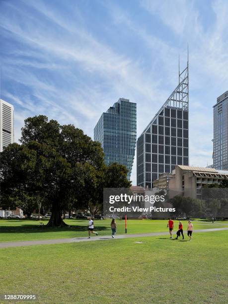 View from The Domain. Sixty Martin Place, Sydney, Australia. Architect: HASSELL, 2019.