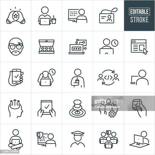 ilustraciones, imágenes clip art, dibujos animados e iconos de stock de iconos de línea delgada de programación de software - trazo editable - diseño web adaptable