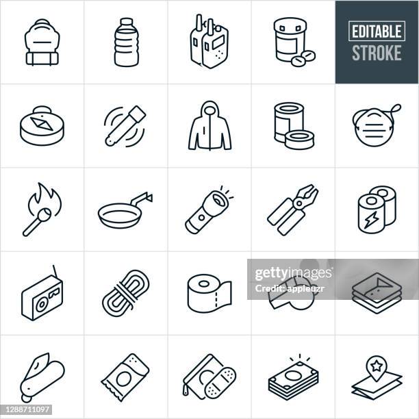 ilustraciones, imágenes clip art, dibujos animados e iconos de stock de iconos de línea delgada de preparación para emergencias - trazo editable - barra de cereal
