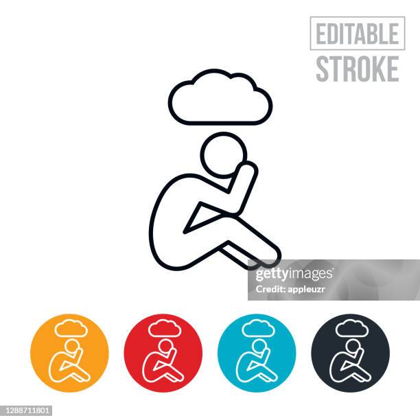 stockillustraties, clipart, cartoons en iconen met gedeprimeerde persoon met hoofd in handen dunne lijnpictogram - bewerkbare slag - anxiety