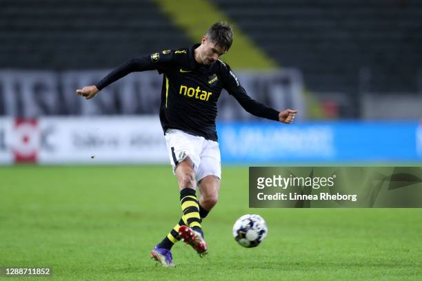 Mikael Lustig of AIK shoots during the Allsvenskan match between AIK and Kalmar FF at Friends arena on November 30, 2020 in Solna, Sweden. Sporting...