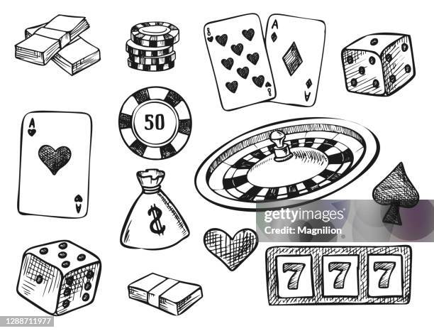 bildbanksillustrationer, clip art samt tecknat material och ikoner med casino elements doodles uppsättning - poker machines