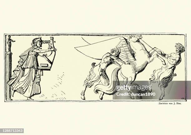 stockillustraties, clipart, cartoons en iconen met oude griekse mythologie, satyrs die een pegasus vangen - jonglieren
