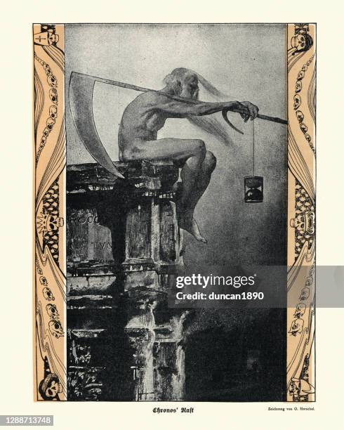 chronos, or father time carrying a scythe and an hourglass - father time stock illustrations