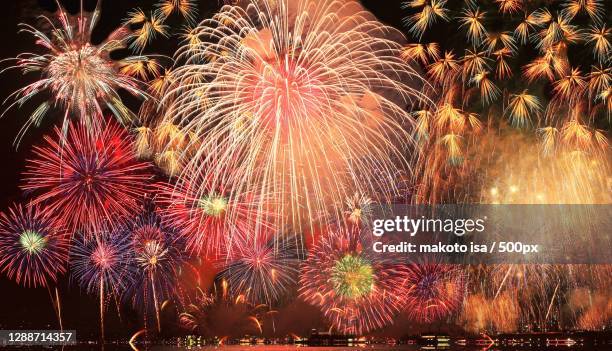 low angle view of firework display at night - firework display fotografías e imágenes de stock