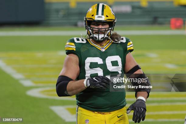 David Bakhtiari of the Green Bay Packers leaves the field at halftime of a game against the Chicago Bears at Lambeau Field on November 29, 2020 in...