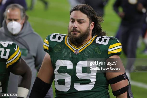 David Bakhtiari of the Green Bay Packers leaves the field following a game against the Chicago Bears at Lambeau Field on November 29, 2020 in Green...