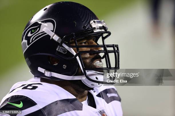 Duane Brown of the Seattle Seahawks looks on during warm ups against the Philadelphia Eagles at Lincoln Financial Field on November 30, 2020 in...