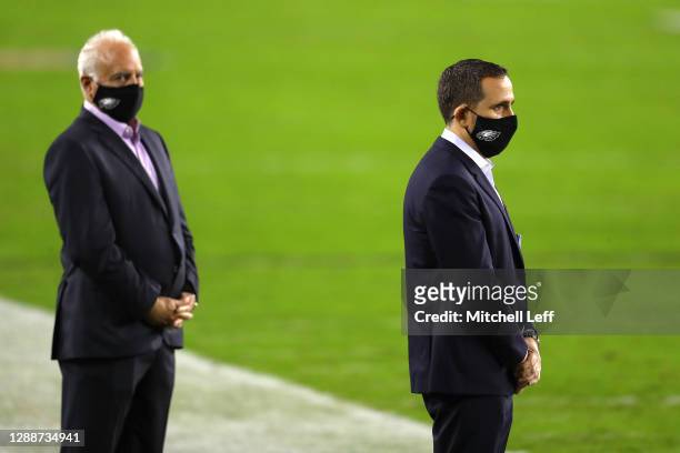 Howie Roseman, right, and Philadelphia Eagles owner Jeffrey Lurie look on during warm ups against the Seattle Seahawks at Lincoln Financial Field on...