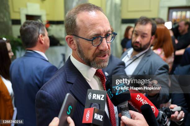 Minister of Health, Andrew Little, speaks to media during the first sitting day of New Zealand's 53rd Parliament on December 01, 2020 in Wellington,...