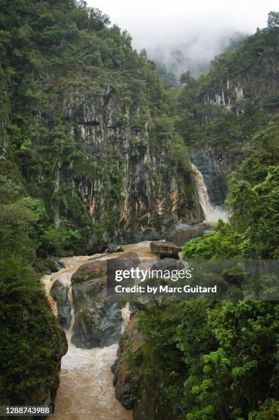 rainy weather at jimenoa waterfall, jarabacoa, dominican republic - la-vega-dominican-republic stock pictures, royalty-free photos & images