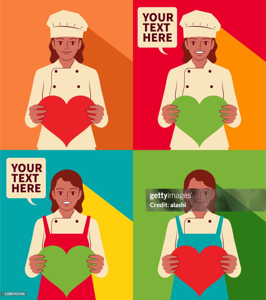 Smiling beautiful young female chef holding a heart shape sign