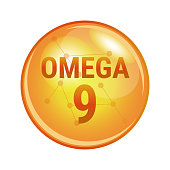 Omega-9 fatty acid capsule. Vector icon for health. Oleic acid, mead acid, erucic acid. Essential fatty acids.