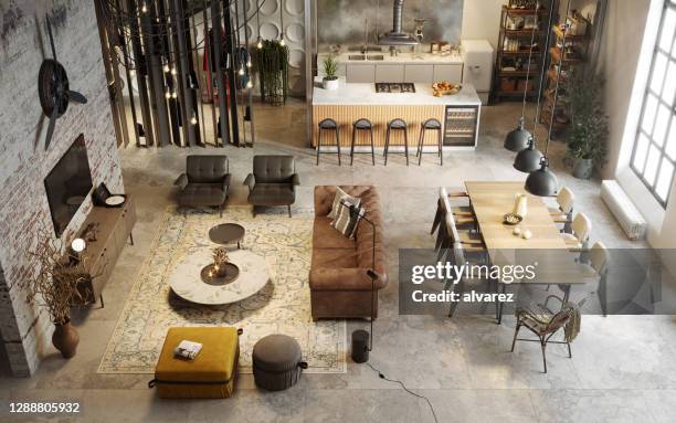high angle view well furnished living room - kitchen-table-top-angle stock pictures, royalty-free photos & images