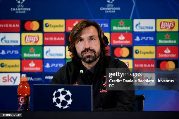 Juventus coach Andrea Pirlo during a press conference ahead of the UEFA Champions League Group G stage match between Juventus and Dynamo Kyiv at...