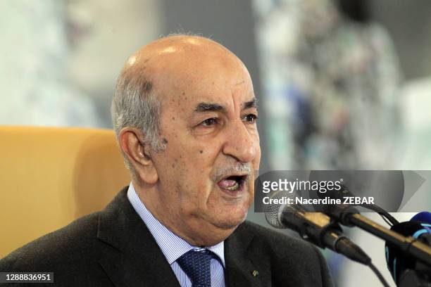 Abdelmadjid Tebboune vainqueur au premier tour de l'élection présidentielle algérienne lors d'une conférence de presse le 13 décembre 2019, Alger,...