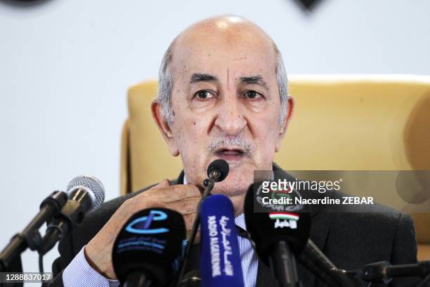 Abdelmadjid Tebboune vainqueur au premier tour de l'élection présidentielle algérienne lors d'une conférence de presse le 13 décembre 2019, Alger,...