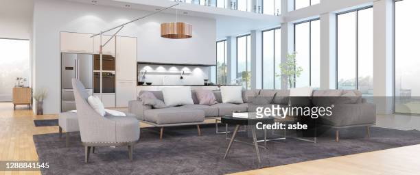 modern living room interior panoramic view - big living room imagens e fotografias de stock