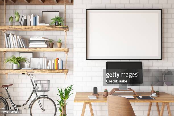 home office concept with computer and blank picture frame - picture frame desk stock pictures, royalty-free photos & images