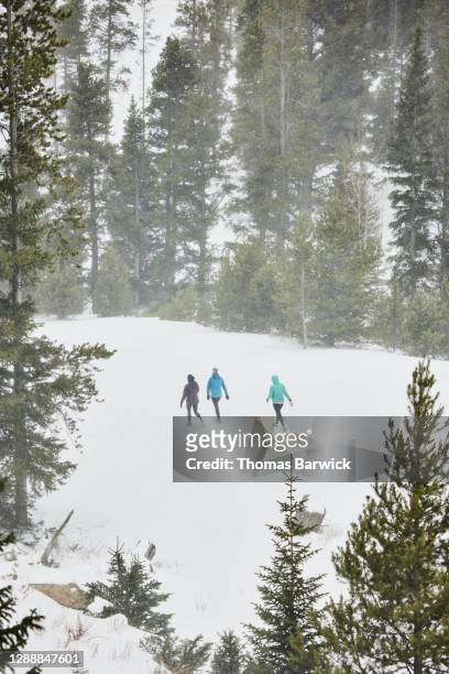 High angle view of female friends walking back to car after trail run in snowy forest