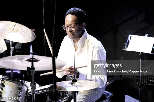 American jazz drummer Louis Hayes performs live on stage at Ronnie Scott's Jazz Club in Soho, London on 4th August 2008.