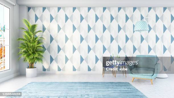 modern living room with blue armchair cabinet and lamp - wall paper 3d stock pictures, royalty-free photos & images
