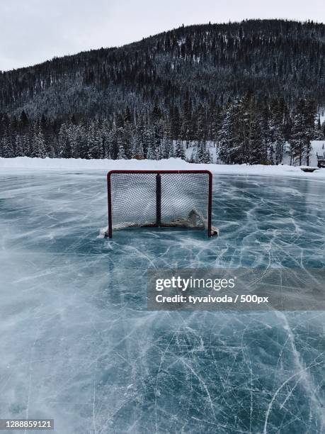 scenic view of frozen lake against sky during winter - hockey rink fotografías e imágenes de stock