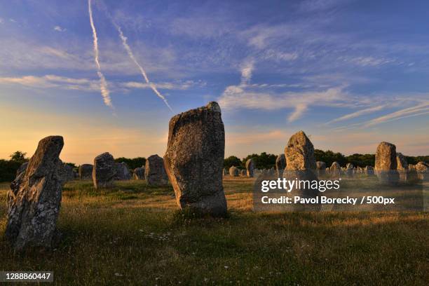 panoramic view of rocks on field against sky,carnac,france - construcción megalítica fotografías e imágenes de stock