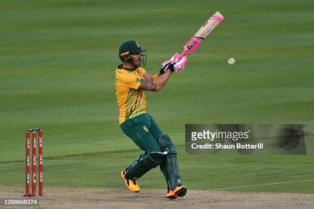 Faf du Plessis of South Africa hits out during the 3rd Twenty20 International between South Africa and England at Newlands Cricket Ground on December...