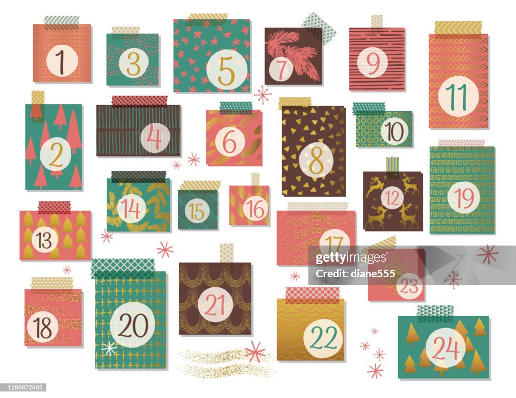 Modern Christmas Advent Calendar, Red, Green And Brown With Gold Highlight