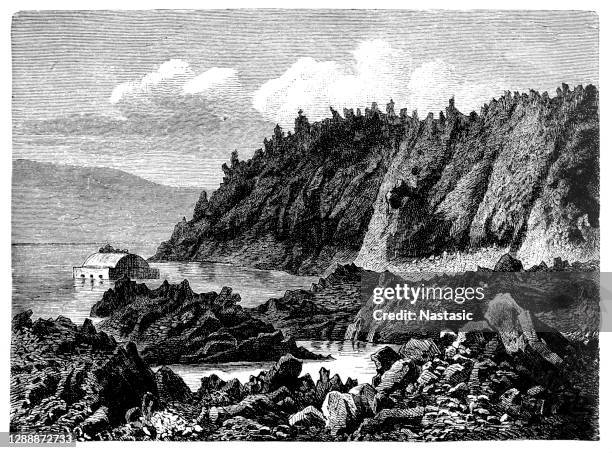 stream of block lava from georgios crater of nea kameni volcano, santorini (greece) - santorini stock illustrations