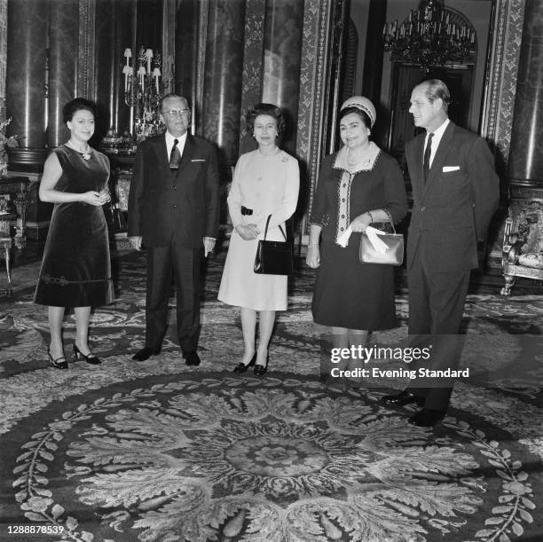 President Tito of Yugoslavia and his wife pictured with Queen Elizabeth II, the Duke of Edinburgh and Princess Margaret at Buckingham Palace in...