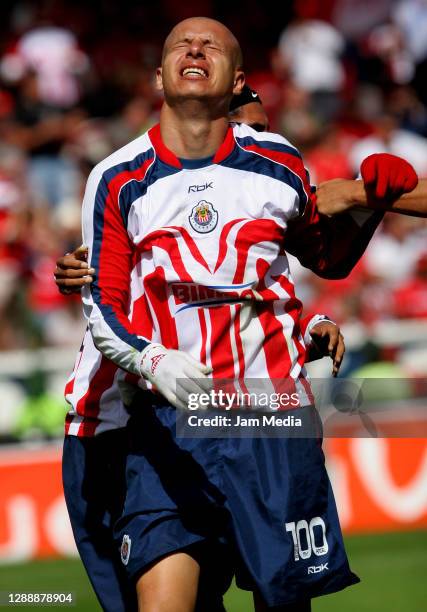 Adolfo Bautista of Chivas celebrates after scoring the second goal during the final match of the Apertura Tournament 2006 on December 10 , 2006 on...