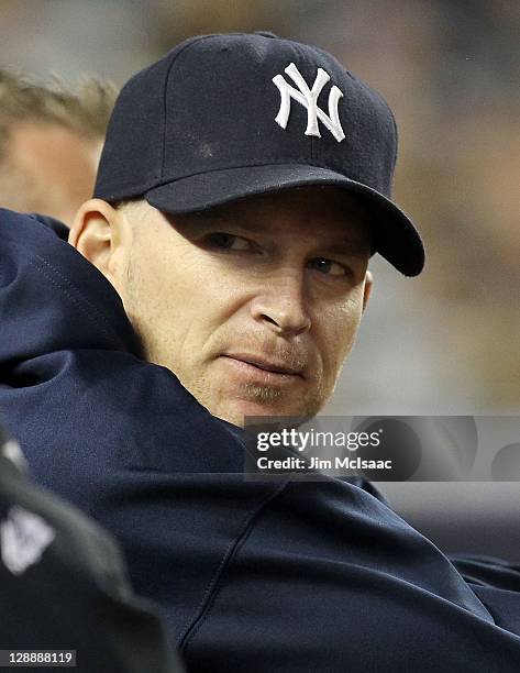 Burnett of the New York Yankees looks on against the Detroit Tigers during Game Five of the American League Division Series at Yankee Stadium on...