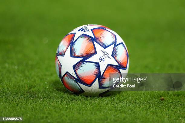 Detailed view of the Adidas Champions League Finale 20 match ball is seen prior to the UEFA Champions League Group D stage match between Liverpool FC...