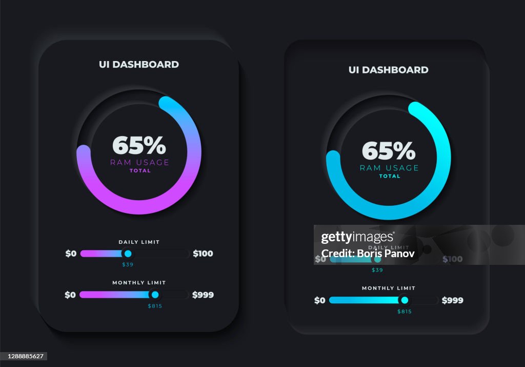 Mobile App Dashboard with Infographic Data Chart in Clean and Modern Skeuomorphism or Neumorphism 3D Style with Neon Blue and Purple Percentage Slider